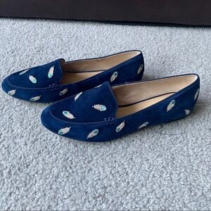 TALBOTS Navy Blue Suede Feather Embroidered Slip-On Loafer sandal NWOT size 7.5M